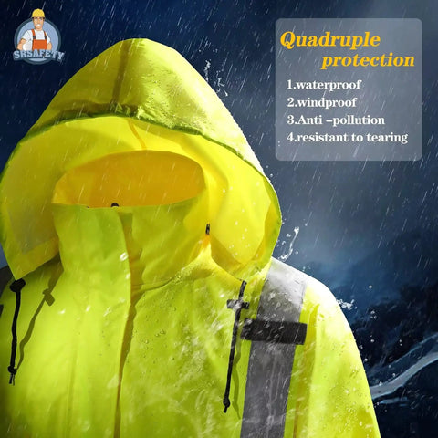 Yellow rain jacket with hood from High Visibility Yellow Rain Gear For Men, ANSI Class 3 Reflective Rain Coat And Pants Set.