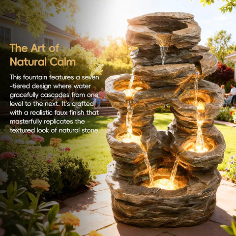 7 Tier Cascading Rock Fountain With LED Lights For Garden And Patio Stone Look Resin Water Feature 23.6 Inch Tall