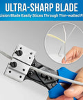 CSP F5 Cable Slitting Pliers for Thin Walled Jacketed Fiber Optic Cables showing ultra-sharp blade and ergonomic blue handle
