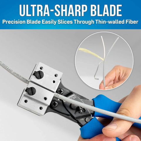 CSP F5 Cable Slitting Pliers for Thin Walled Jacketed Fiber Optic Cables showing ultra-sharp blade and ergonomic blue handle