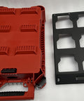 Packout Mounting Plate for Milwaukee System next to red toolbox, heavy duty metal base, pre drilled holes, two half plate design, black