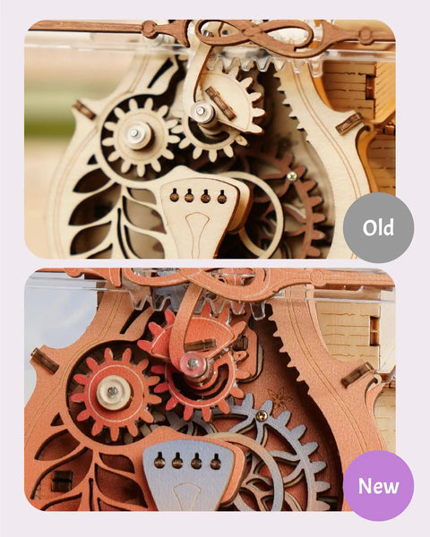 Dope 3D Wooden Cello Puzzle Model Kit With Mechanical Music Box And UV Gradient Finish For Adults, DIY Gift For Him Or Her, Gear Drive Cello Playing The Blue Danube, Unique Home Decor And Hobby Set close-up of wooden gears, old and new finish