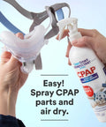 CPAP Disinfectant Spray TSA Travel Size 2 Oz 3 Pack Kills 99.9 Percent Germs On Masks Tubing Reservoirs And Humidifiers No Harsh Chemicals Or Fumes Ozone Free Leaves No Residue For On The Go Use. bottle spraying CPAP mask and headgear, air dry