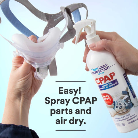 CPAP Disinfectant Spray TSA Travel Size 2 Oz 3 Pack Kills 99.9 Percent Germs On Masks Tubing Reservoirs And Humidifiers No Harsh Chemicals Or Fumes Ozone Free Leaves No Residue For On The Go Use. bottle spraying CPAP mask and headgear, air dry