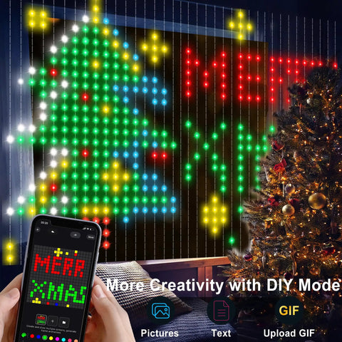 Smart Curtain Lights 400 LED Color Changing 6.6ft By 6.6ft With App And Remote Dynamic DIY Fairy String Lights displayed indoors