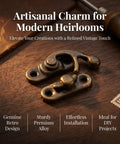Vintage Swing Arm Latch Set In Antique Brass With Decorative Horn Lock on wooden surface with tools.