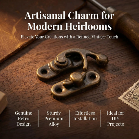 Vintage Swing Arm Latch Set In Antique Brass With Decorative Horn Lock on wooden surface with tools.