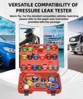 Drop Dead Easy Coolant Vacuum Refill Kit With 34 Pieces And 25 Radiator Adapters displayed in red case with tools for vehicles.
