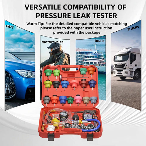 Drop Dead Easy Coolant Vacuum Refill Kit With 34 Pieces And 25 Radiator Adapters displayed in red case with tools for vehicles.