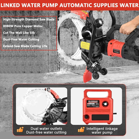 Heavy Duty 12000W Concrete Ring Saw With Two Diamond Blades For Deep Wall Chasing And Cutting Brick Tile Stone Up To 30cm Durable Electric Power Tool Dust Free Wet Cutting System attached to linked water pump for dust-free cutting.