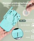 Top Tier Bluetooth Label Maker Prints Crisp Adhesive Text Instantly showing the turquoise handheld thermal printer with label tape.