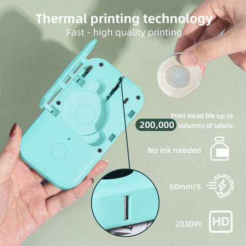 Top Tier Bluetooth Label Maker Prints Crisp Adhesive Text Instantly showing the turquoise handheld thermal printer with label tape.