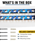 Ceiling Mount Fishing Rod Holder For Eight Rods And Reels Game Changer For Garage Organization And Wall Storage Horizontal Rack For Fishing Gear Reels Accessories Tackle And More, blue wood laminate design, with included screws and anchors
