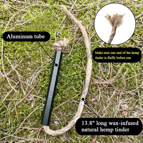 Flint And Steel Fire Starter Kit With Ferro Rods And Magnesium, 13.8" wax-infused hemp tinder and aluminum tube on grass.