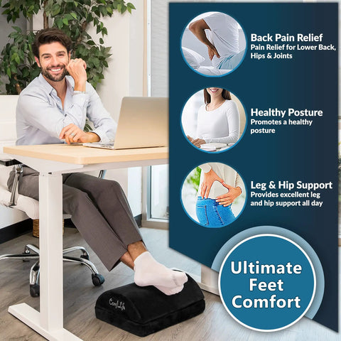 Man using Under Desk Foot Rest For Pain Relief And All Day Comfort, Adjustable Memory Foam Foot Stool For Office And Gaming Chairs.