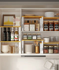 Stackable Adjustable Storage Shelves For Kitchen Cabinets Set Of Two Made Of Metal And Solid Wood, organized pantry view