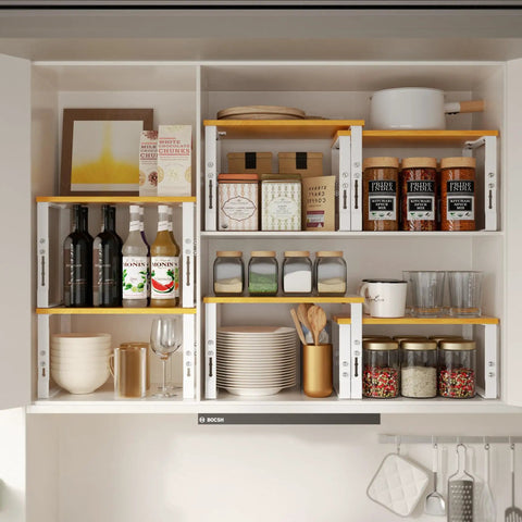 Stackable Adjustable Storage Shelves For Kitchen Cabinets Set Of Two Made Of Metal And Solid Wood, organized pantry view