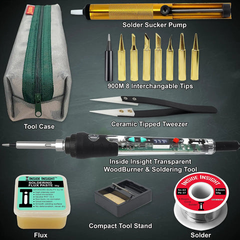 Clear Shell Soldering Iron Kit Pro Grade With 68W Power And Adjustable Temperature From 200C To 500C, complete set displayed.