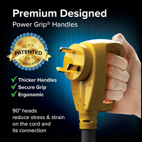 Heavy Duty 50 Foot 30 Amp RV Extension Cord With Standard Connectors Ultra Flexible Power Cable For Campers Electric Vehicles And Trailers Road Trip Ready Slick Build with ergonomic power grip handles.