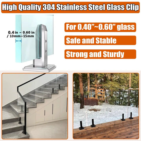 Square 304 Stainless Steel Glass Floor Spigots Deck Railing Clamps Adjustable For Ten To Fifteen Millimeter Frames Hella Solid Pool Staircase Mounts Slick Silver installed on glass railing.