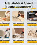 Adjustable 6-speed rotary pen tool showing various uses, including nails polishing, crystals carving, rust removal, and wood chiseling.