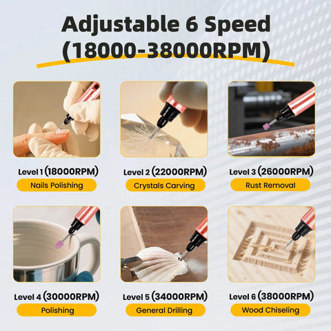 Adjustable 6-speed rotary pen tool showing various uses, including nails polishing, crystals carving, rust removal, and wood chiseling.