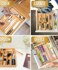 Smooth Bamboo Drawer Organizer With Five Deep Slots Keeps Kitchen Chaos Out Of Sight And Makes Grabbing Utensils Total No Sweat During Rush Hours layered with utensils, tools, cosmetics, and office supplies.