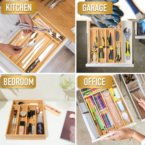 Smooth Bamboo Drawer Organizer With Five Deep Slots Keeps Kitchen Chaos Out Of Sight And Makes Grabbing Utensils Total No Sweat During Rush Hours layered with utensils, tools, cosmetics, and office supplies.