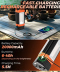 All In One Portable Camping Light With Stand, 20000mAh Outdoor Work Light on table, charging phone via connected cable