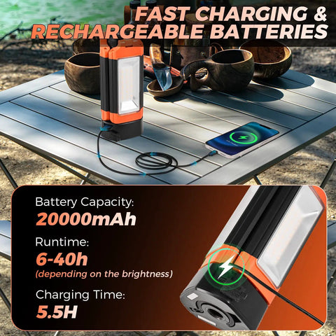 All In One Portable Camping Light With Stand, 20000mAh Outdoor Work Light on table, charging phone via connected cable