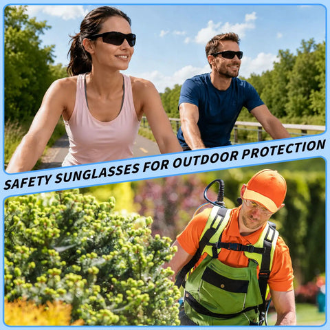 One Hundred Ten Pairs Bulk Safety Glasses Made For The Crew Featuring Ansi Z Eight Seven Point One Approval With Scratch Proof Clear Lenses Delivering No Nonsense Jobsite Eye Protection All Day Long wearing outdoors.