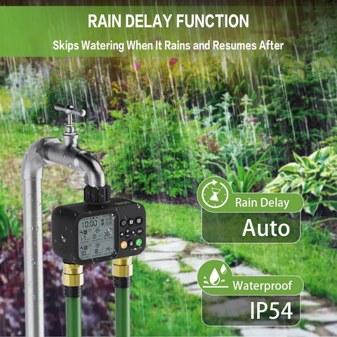Two Outlet Sprinkler Timer With Rain Delay Manual And Automatic Watering System Digital Outdoor Irrigation Controller in use