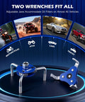 Two Piece Oil Filter Wrench Set With Adjustable Jaw For 2.5-4 Inch And 2.7-5.1 Inch Filters on display with vehicle icons.