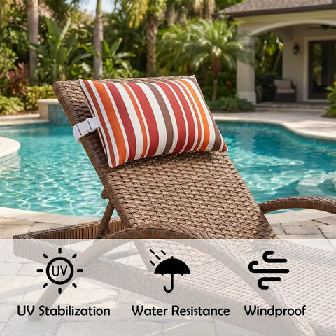 Two Pack Outdoor Chaise Lounge Head Pillow With Elastic Strap Red Stripes Water Resistant Headrest on poolside recliner