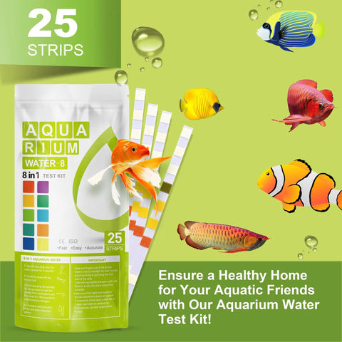 8 In 1 Aquarium Water Test Strips Checks Ph Ammonia Nitrite Chlorine Hardness And Alkalinity In Seconds With 25 Fast Sheets showing test strips and tropical fish.