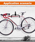 Two Pack Wall Mount Bike Racks For Indoor Storage Heavy Duty Rubber Coated Hooks Space Saving Garage Hangers Easy No Assembly Required Horizontal Bicycle Wall Rack displaying a mounted bike on white wall.