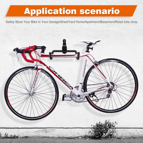 Two Pack Wall Mount Bike Racks For Indoor Storage Heavy Duty Rubber Coated Hooks Space Saving Garage Hangers Easy No Assembly Required Horizontal Bicycle Wall Rack displaying a mounted bike on white wall.