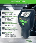 Automotive Paint Thickness Gauge For Car Panels, High Resolution Coating Meter From 0 To 59.1 Mils Or 1500 Micrometers, 0.01 Mil Resolution To 0.1 Micrometers, Fe NFe Zn Auto Detection, Auto Calibration, Ideal For Door Hood Roof And Body Panels.