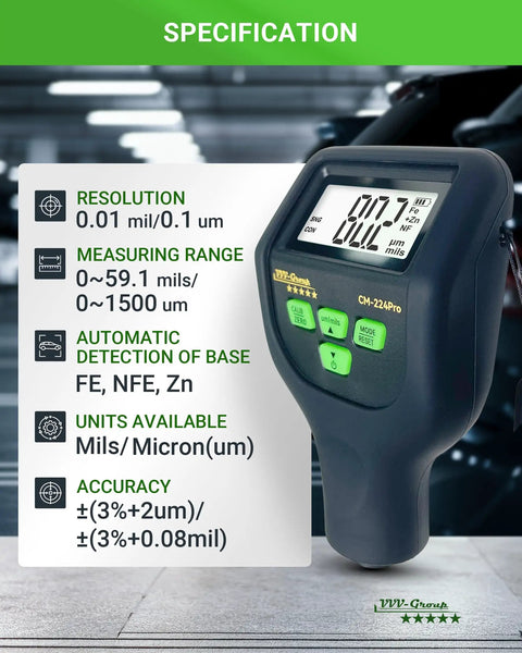 Automotive Paint Thickness Gauge For Car Panels, High Resolution Coating Meter From 0 To 59.1 Mils Or 1500 Micrometers, 0.01 Mil Resolution To 0.1 Micrometers, Fe NFe Zn Auto Detection, Auto Calibration, Ideal For Door Hood Roof And Body Panels.