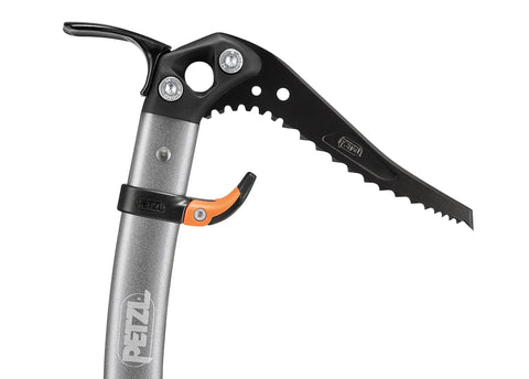 Close-up of ice axe with Adjustable Hand Rest Trigrest For Ice Axes And Mountaineering Comfort Grip, showing ergonomic handle.