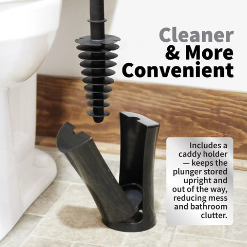 Revolutionary Toilet Plunger And Squeegee Combo With Stainless Steel Handle And Caddy Holder, Black one-pack beside toilet