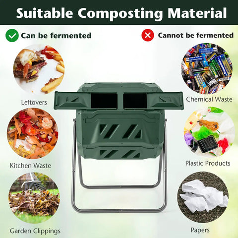 Outdoor 42 Gallon Dual Chamber Compost Tumbling Bin With 360 Degree Rotating Barrel Heavy Duty Metal Frame BPA Free