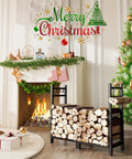 Heavy Duty 34 Inch Firewood Rack For Indoor And Outdoor Use With Log Carrier And Kindling Hooks, near Christmas fireplace.