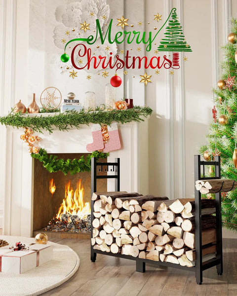 Heavy Duty 34 Inch Firewood Rack For Indoor And Outdoor Use With Log Carrier And Kindling Hooks, near Christmas fireplace.
