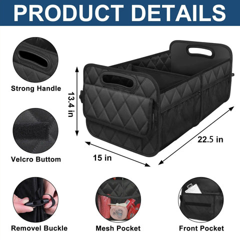 Car Trunk Organizer With Six Big Pockets Waterproof 600D Polyester Storage For SUV Minivan And Truck Durable Cargo Organizer For Back Trunk And Cargo Large Black shown with product details and dimensions
