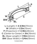 Diagram of Oil Rubbed Bronze Cabinet Pull 3 Inch Center To Center 4 3/8 Inch Overall Length Transitional Candler Drawer Pull dimensions.