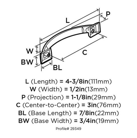 Diagram of Oil Rubbed Bronze Cabinet Pull 3 Inch Center To Center 4 3/8 Inch Overall Length Transitional Candler Drawer Pull dimensions.