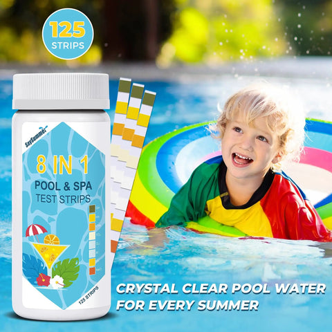 Freaking Easy 125 Pack Salt Water Pool Test Strips Kit For Hot Tub Spa Testing With Eight In One Quick Dip Strip displayed in pool.