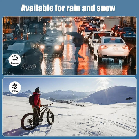 Image showing a busy street in rain and a snowy mountain landscape with a cyclist; Available for rain and snow.