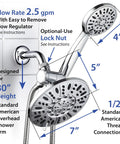 Premium 7 Inch High Pressure Three Way Rainfall Shower Head Set with Stainless Steel Hose and Handheld Six Setting Spa Shower Separate or Combined Use Brushed Nickel Finish, showing size dimensions and features.